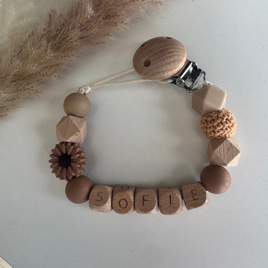 Speenkoord met naam bloem / bruin / hout