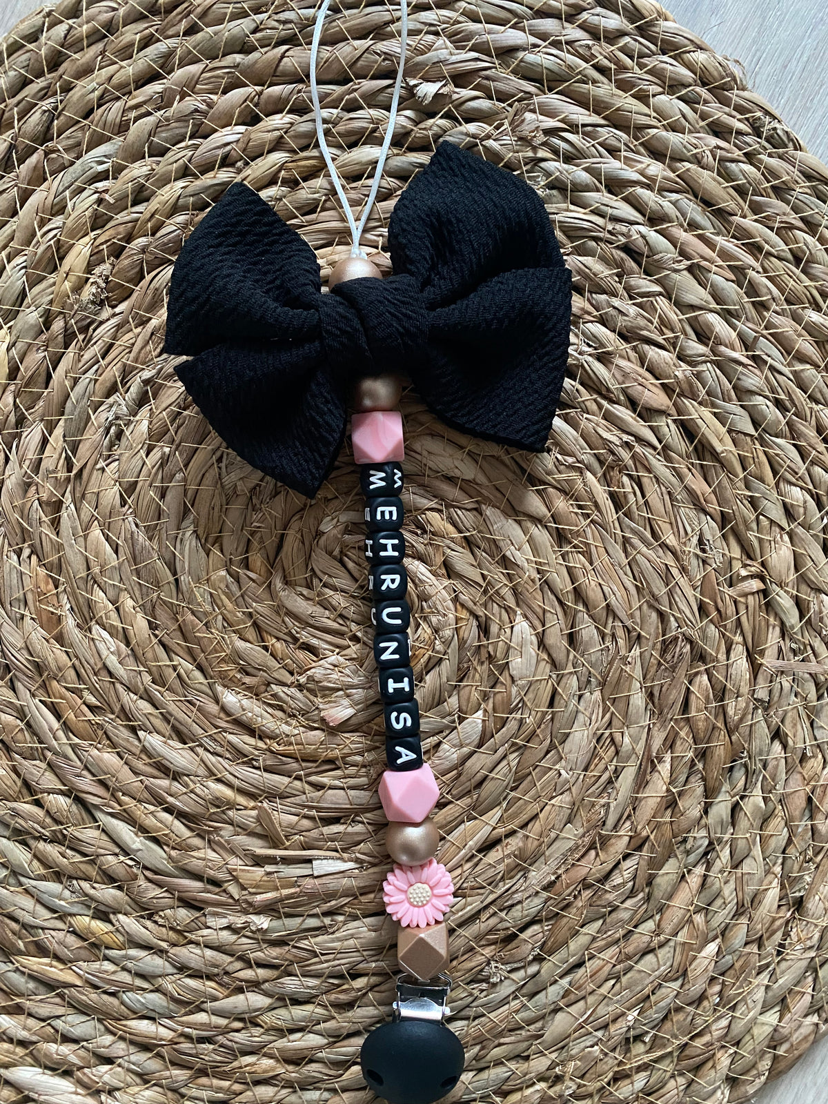 Speenkoord met strik bloem / roze / goud