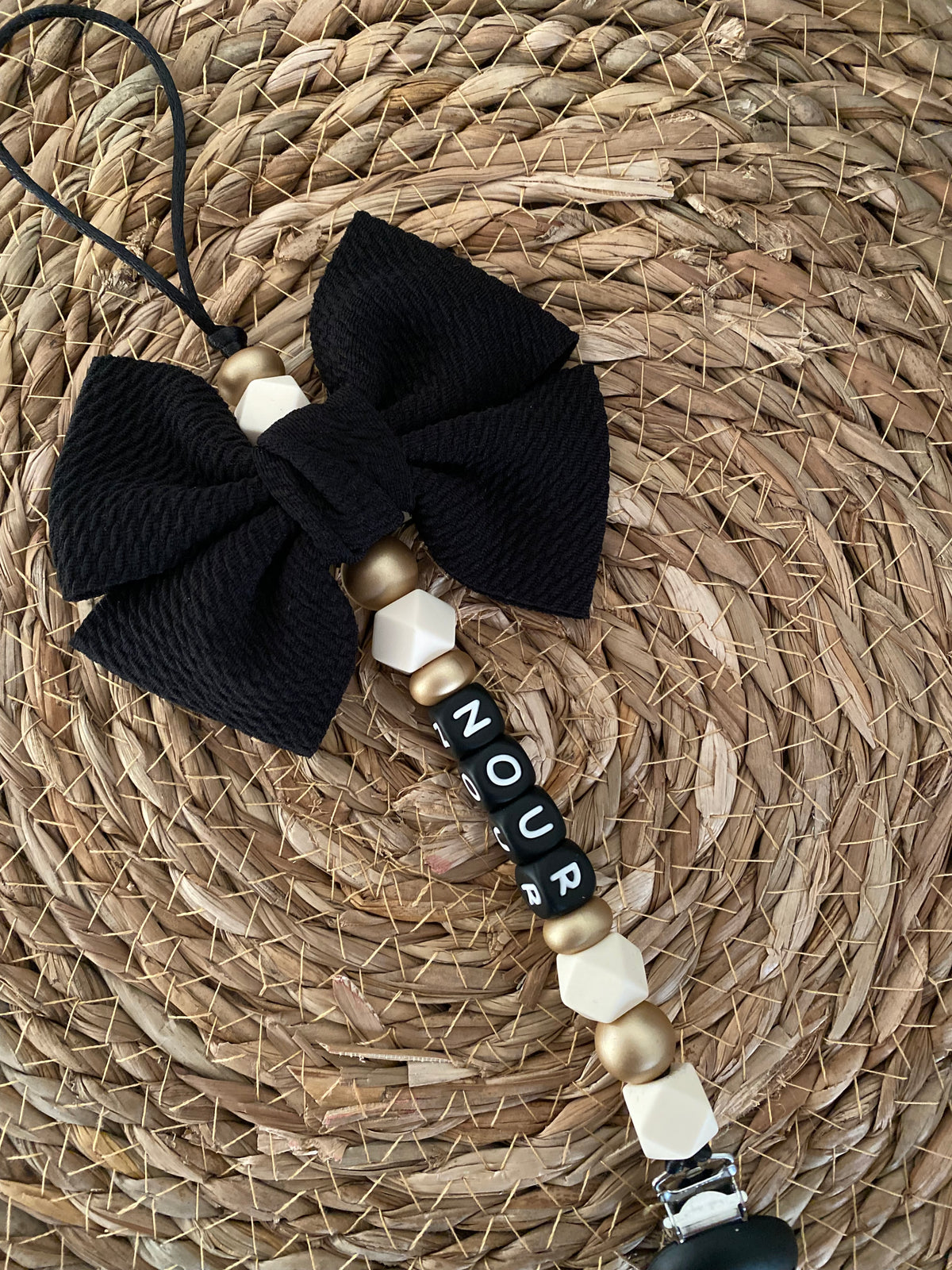 Speenkoord met strik / goud / zwart / creme