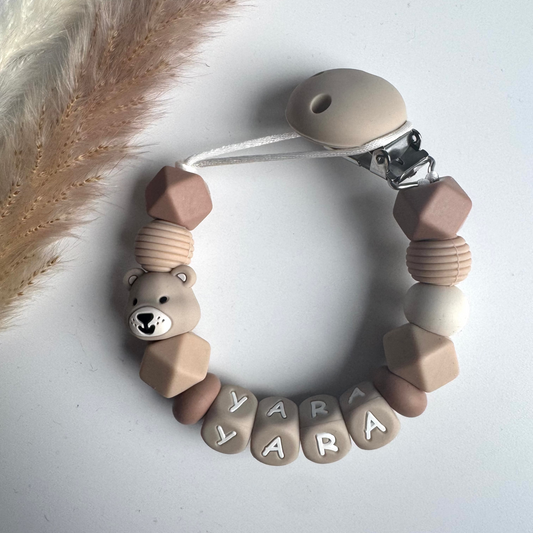 Speenkoord met naam beertje / taupe