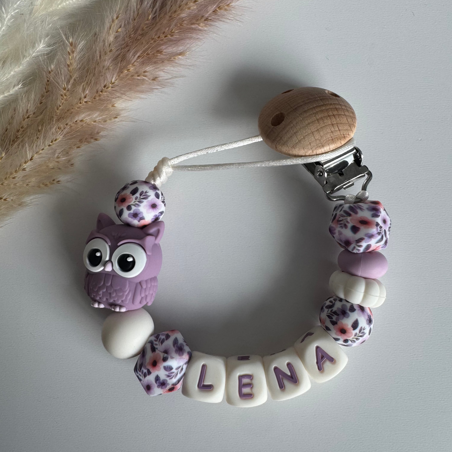 Speenkoord met naam uil / lila / bloemen