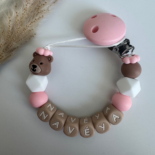 Speenkoord met naam beertje / roze / wit