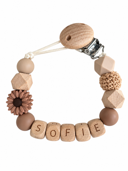 Speenkoord met naam bloem / bruin / hout