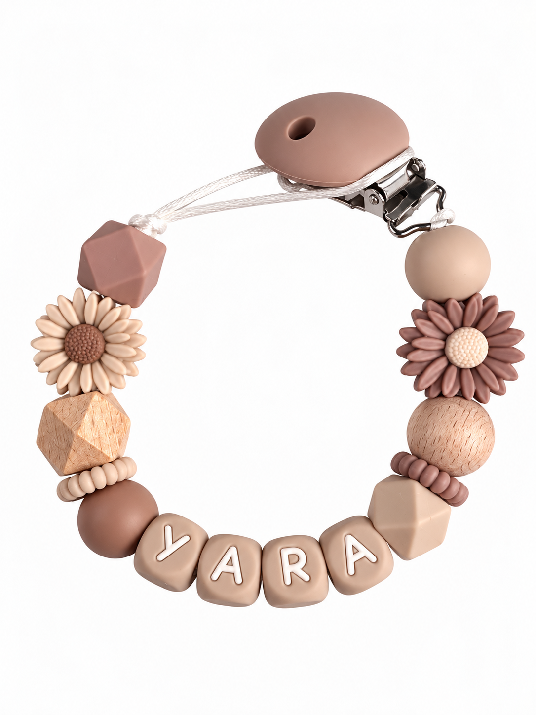 Speenkoord met naam bloemen / bruin / beige