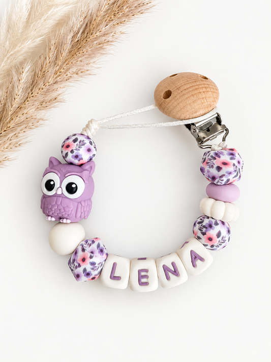 Speenkoord met naam uil / lila / bloemen