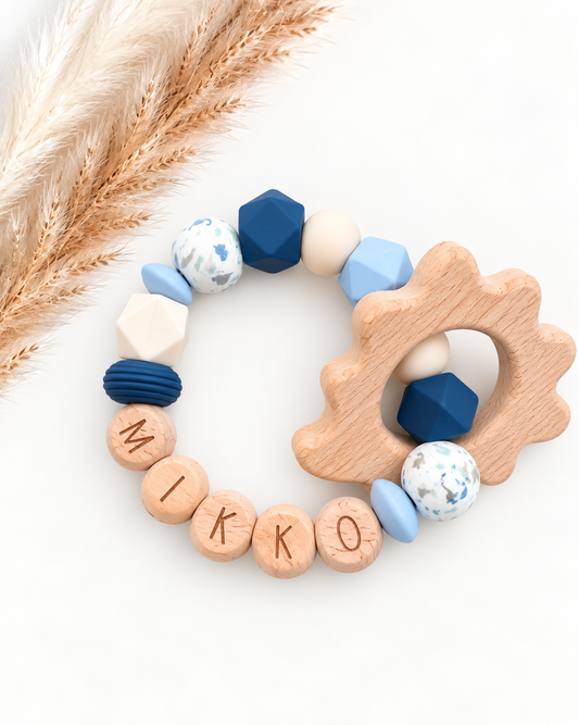 Bijtring met naam blauw / dino