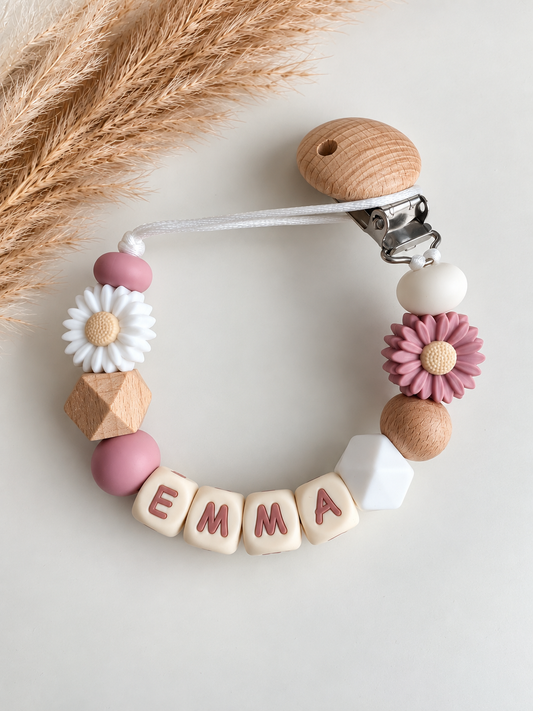 Speenkoord met naam bloem lila / wit