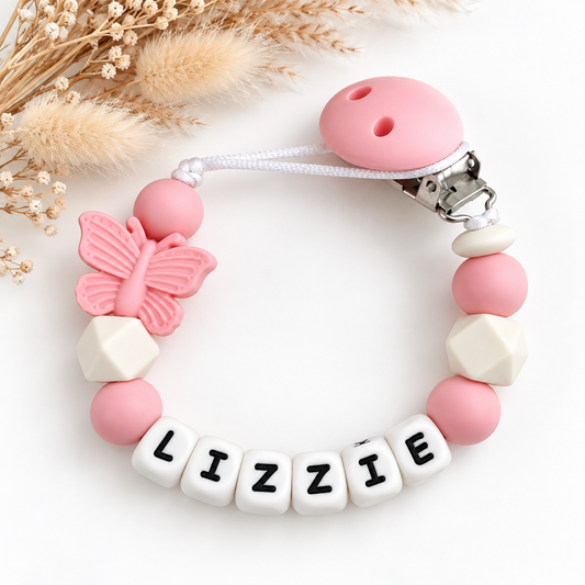 Speenkoord met naam roze / vlinder