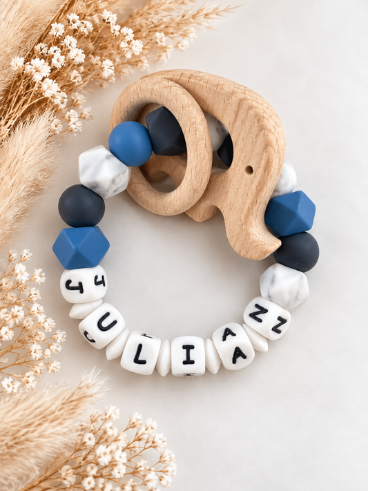 Bijtring met naam blauw / marmer