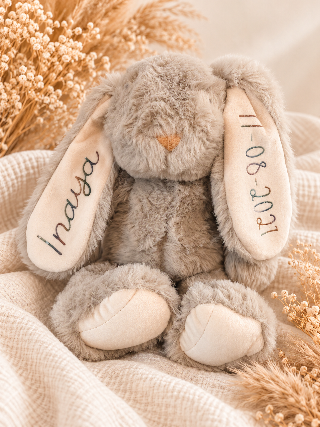 Knuffel konijn beige met naam en datum