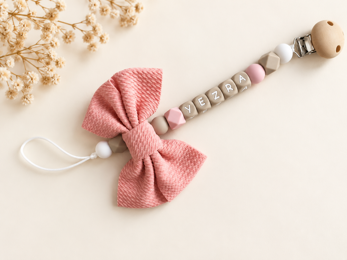 Speenkoord met strik roze / beige / wit