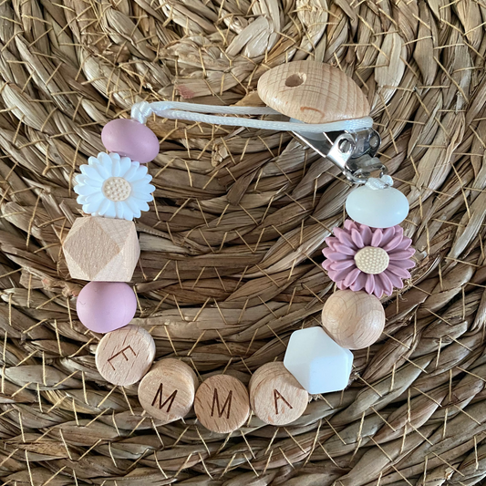 Speenkoord met naam bloem lila / wit