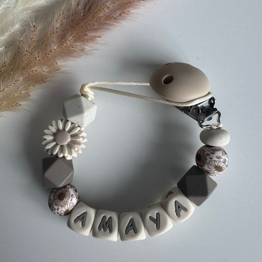 Speenkoord met naam bloem beige / taupe