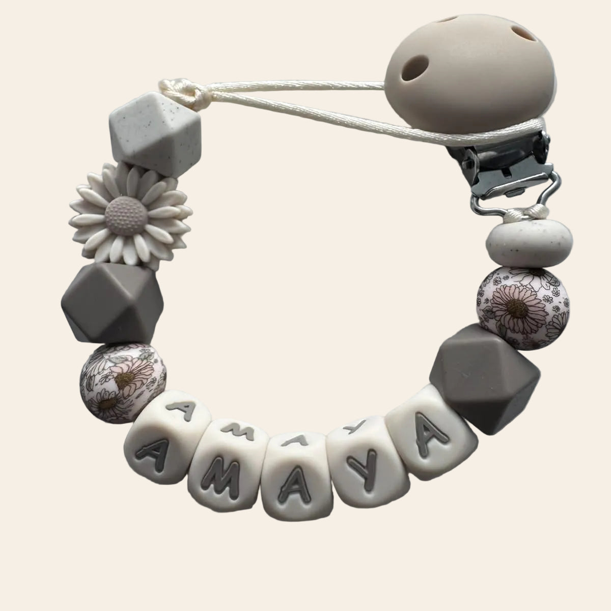 Speenkoord met naam bloem beige / taupe
